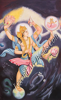 Trivikrama: Vishnu-Vamana taking three steps to stride across three worlds.