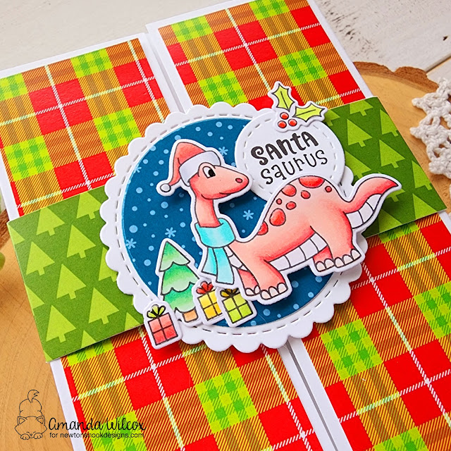 Santa-saurus Card by Amanda Wilcox | Pre-historic Christmas Stamp Set, Circle Frames Die Set, Frames Squared Die St and Christmas Time Paper Pad by Newton's Nook Designs #newtonsnook #handmade