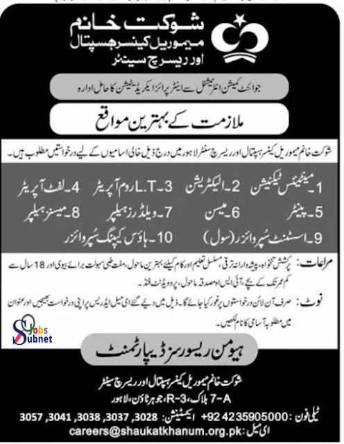 Shaukat Khanum Memorial Cancer Hospital Lahore Jobs 2024 Middle Base