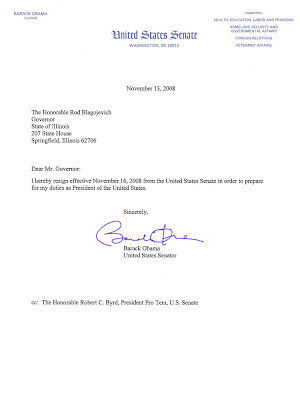 This is the actual letter of resignation submitted by Senator Barack Obama 