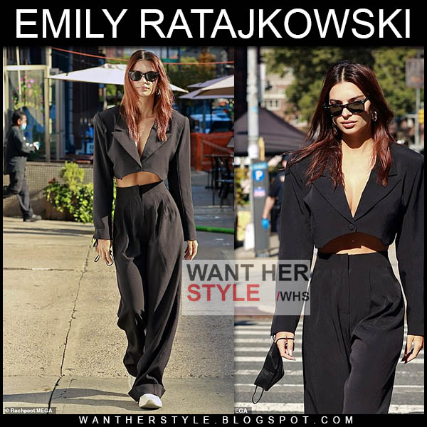 Emily Ratajkowski in black cropped blazer and pants in NYC on October 7 ~ I  want her style - What celebrities wore and where to buy it. Celebrity Style