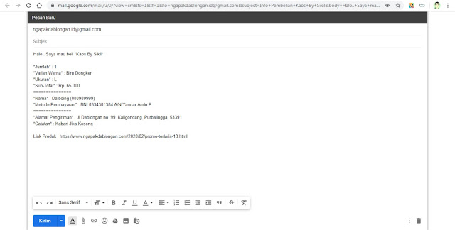 Kirim Pemesanan Melalui Gmail