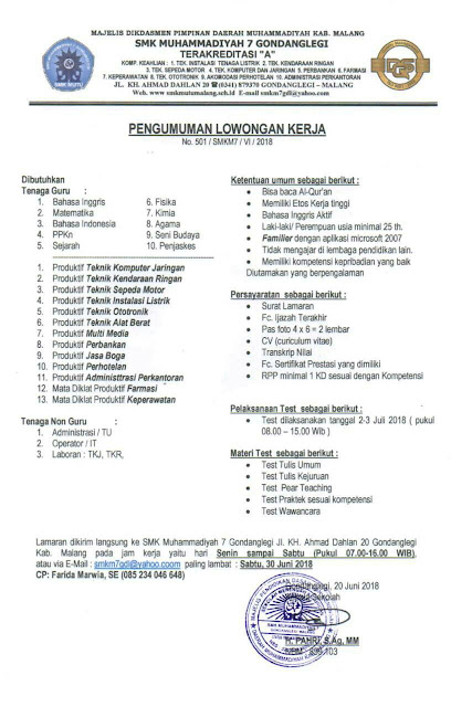 lowongan kerja tenaga pendidik & non pendidik SMK Muhammadiyah 7 Gondanglegi Tahun 2018
