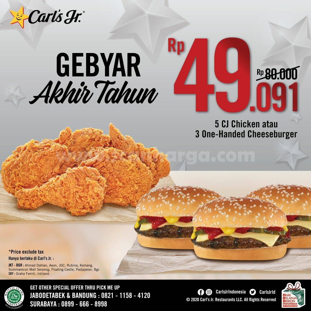 CARLS Jr Gebyar Akhir Tahun – Promo PAKET 5 CJ Chicken atau 3 One-Handed Cheeseburger hanya Rp 49.091