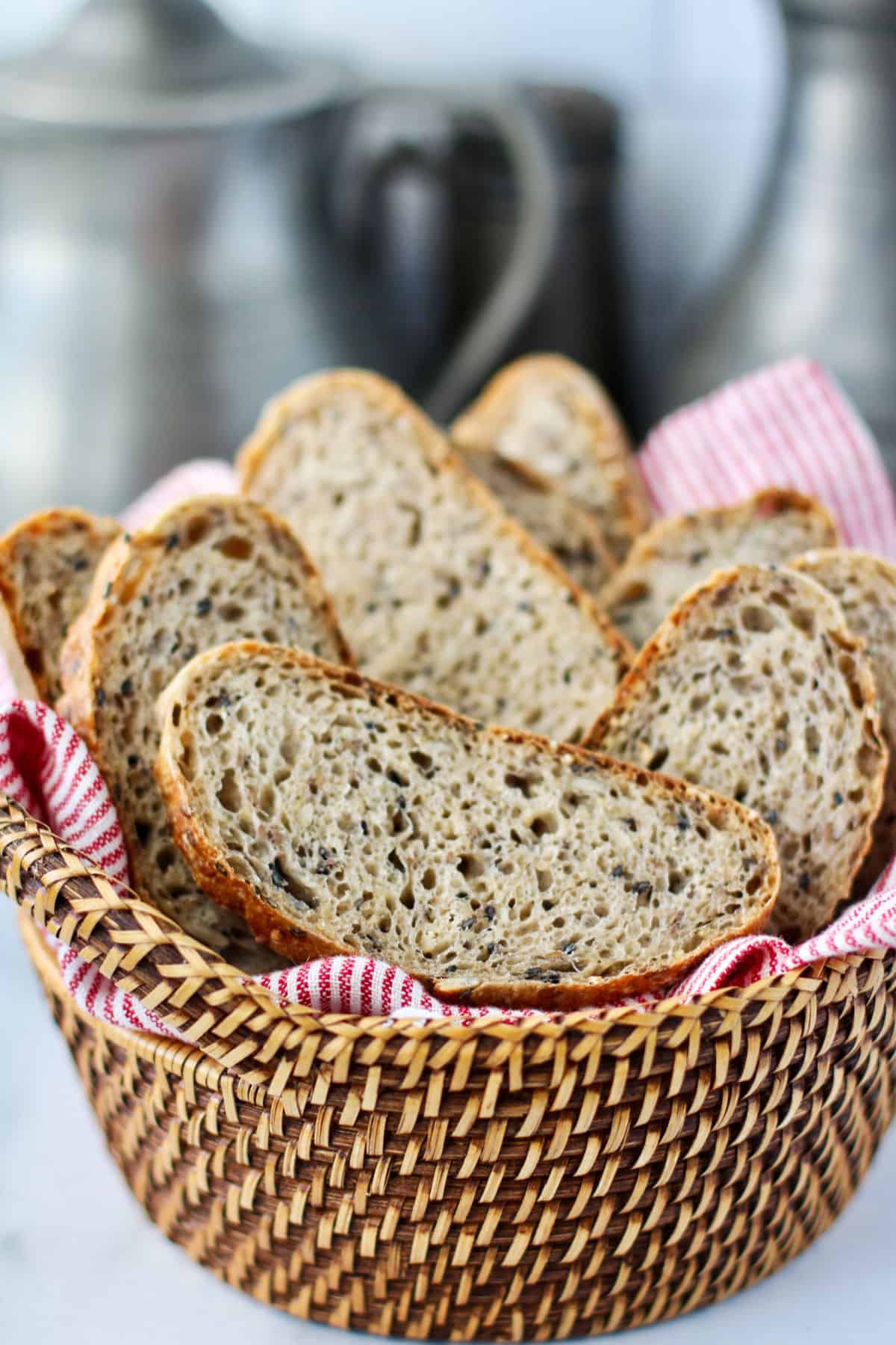 Rustic Multigrain Bread sliced in a basket.