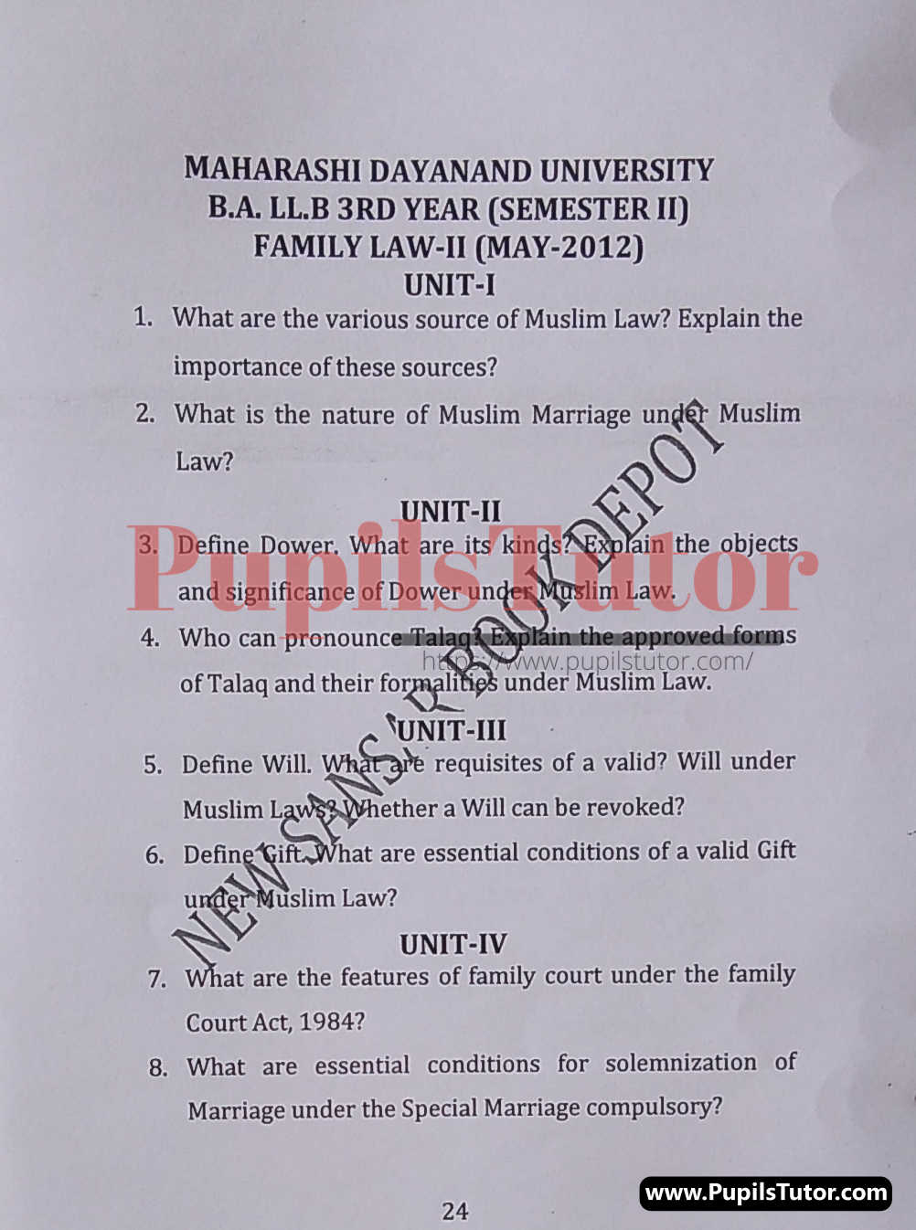 MDU (Maharshi Dayanand University, Rohtak Haryana) LLB Regular Exam (Hons.) Second Semester Previous Year Family Law - II Question Paper For May, 2012 Exam (Question Paper Page 1) - pupilstutor.com