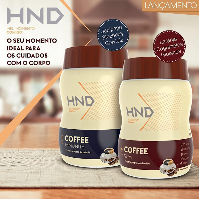 Cafés Solúveis da Linha HND, Slim Coffee - Laranja, Cogumelos e Hibiscos e Immunity Coffee - Jenipapo, Blueberry e Graviola da Hinode