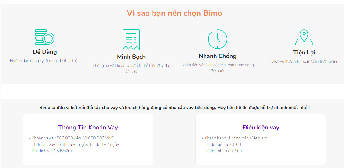 Bimo Web App vay tiền Online trả góp