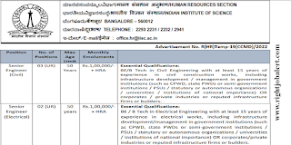 Senior Engineer Civil and Electrical Jobs in Indian Institute of Science Bangalore