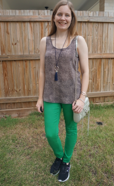 animal print tank with green skinny jeans and sneakers, rebecca minkoff mini mac bag spring outfit | away from blue