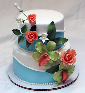 blue and white 2 tier wedding cake