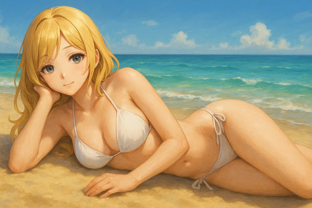 金髪の癒し系アニメスタイルの女性が白いビキニ姿で砂浜に横たわっている、穏やかな海と青空を背景にしたデジタルペイントイラスト