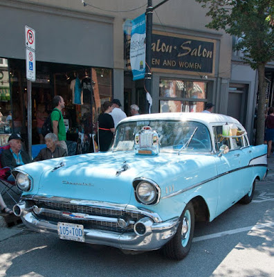 Turquoise and white vintage chevy c. 1950s.