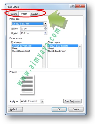 Gambar: Dialog Page Setup di Microsoft Word 2007 untuk merubah orientasi menjadi landscape atau portrait, serta untuk merubah ukuran kertas menjadi A4, Folio/F4, Leer, Legal, dsb