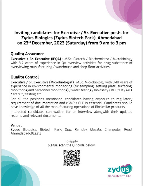 Zydus Biologics Walk In Interview For Quality Assurance and Quality Control Department
