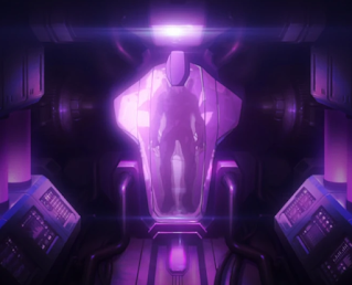 Nine, a tall man in shadows, inside a large pod filled with purple liquid.