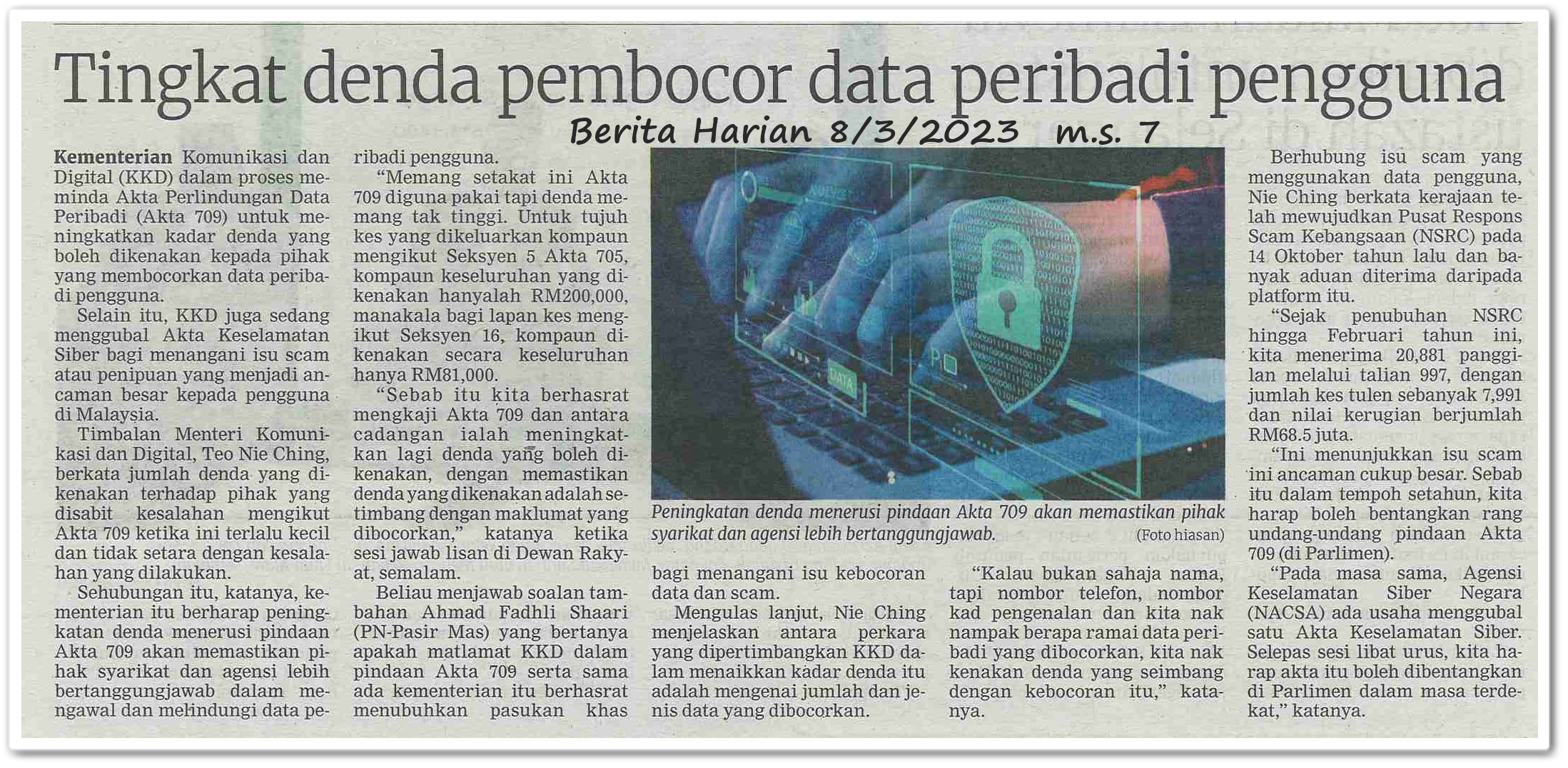 Tingkat denda pembocor data peribadi pengguna - Keratan akhbar Berita Harian 8 Mac 2023