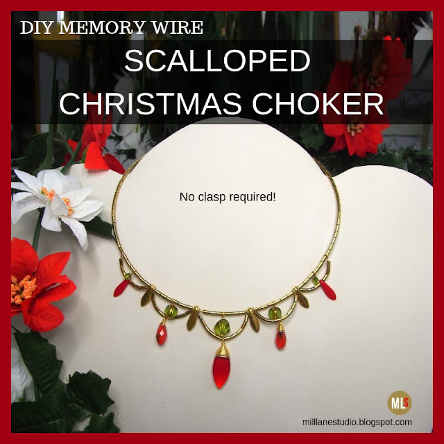 Christmas choker featuring red drop beads on gold scallops with olivine accents.