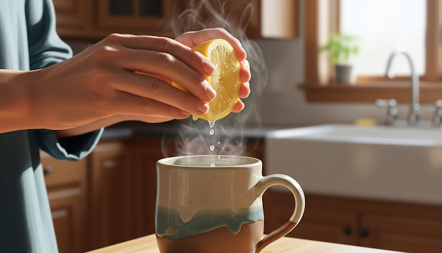 Tangan seseorang sedang memeras lemon ke dalam cangkir berisi air hangat di pagi hari.