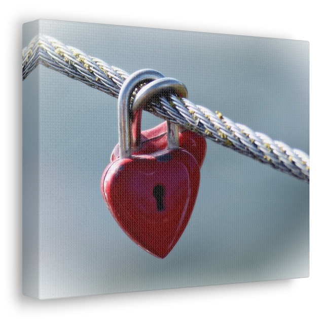 Valentine Canvas Gallery Wrap With Heart Shaped Locks Are Locked to Hanging to Wire