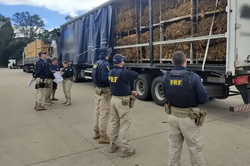 Diversos agentes da PRF abordando carretas em Santa Catarina