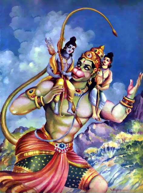 Hanuman carries Rama and Lakshmana to Sugreeva