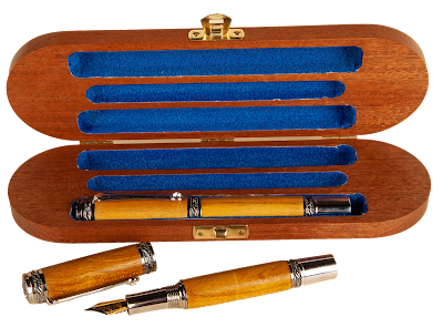 A set of wooden carved fountain pens and matching carry case, lined with blue felt