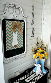 Spring Entryway - chevron bunny sign, black and white check bench, blue rainboots