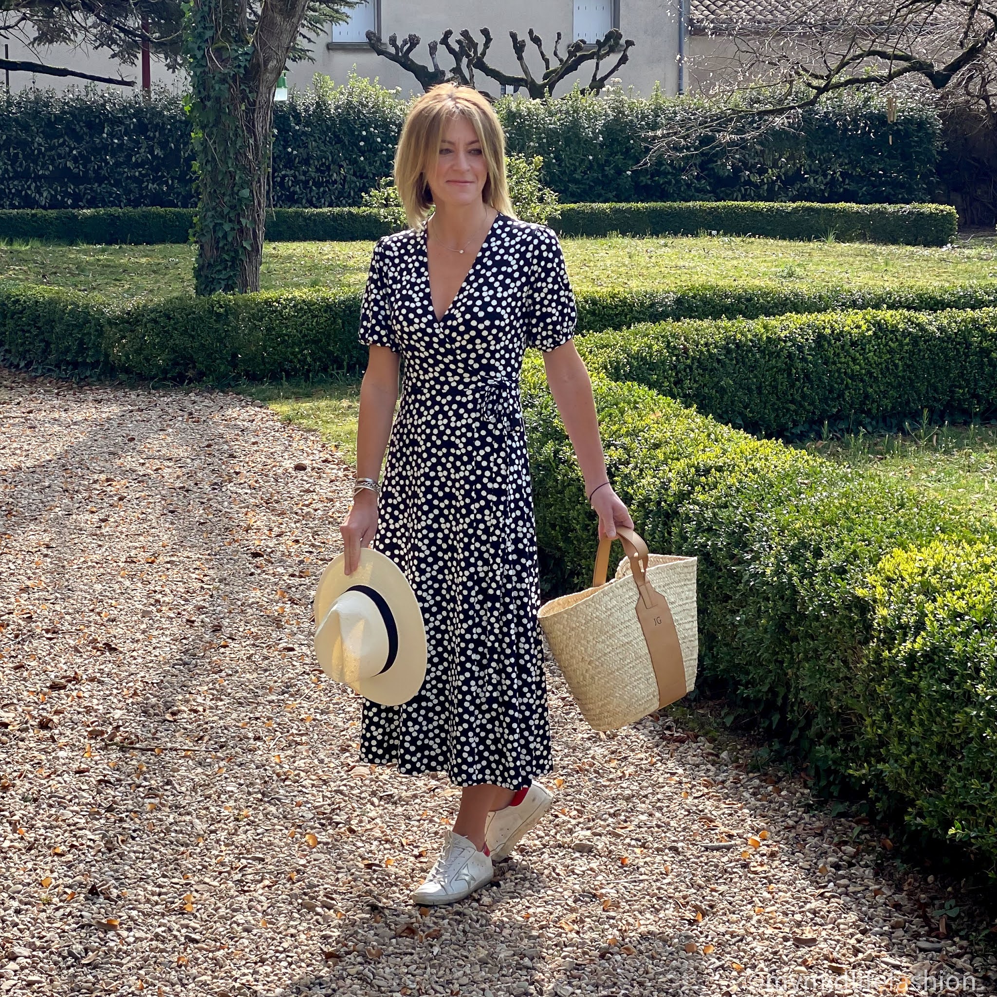 my midlife fashion, baukjen Daniella Dress, rae feather grace monogrammed basket, golden goose superstar low top leather trainers, h and m Panama hat