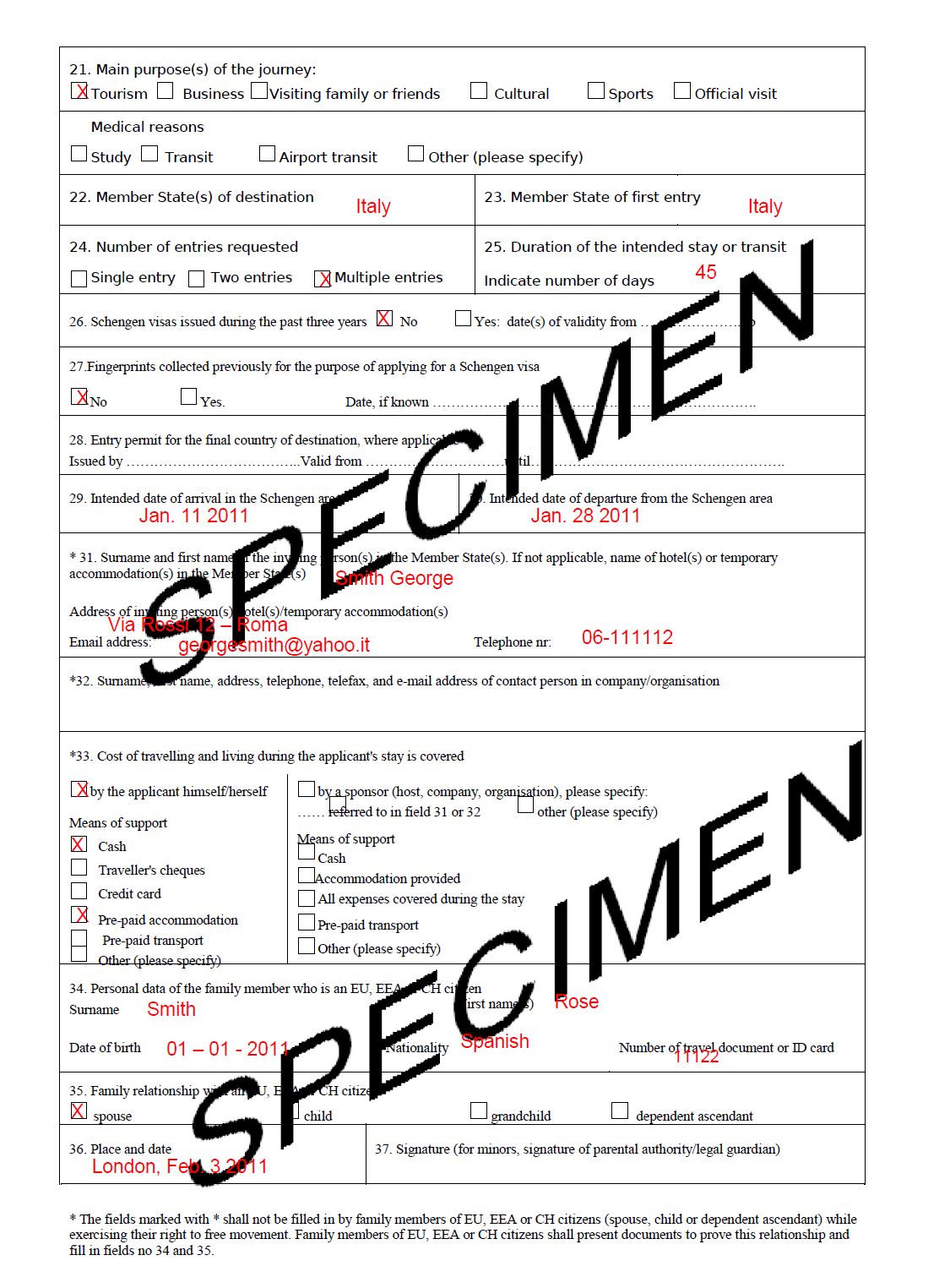 Schengen Visa Information Centre: Sample filled out 