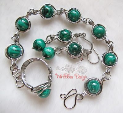 Twice Around the World (TAW) wire wrapped necklace, earrings and ring set with Malachite