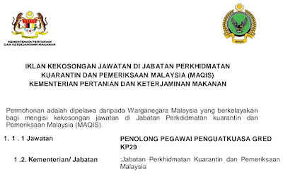 Jawatan Kosong Terkini Jabatan Perkhidmatan Kuarantin Dan Pemeriksaan Malaysia (MAQIS) 