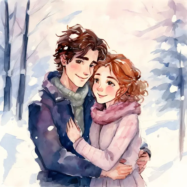 Enamorados bajo la nieve, abrazados. Arte digital