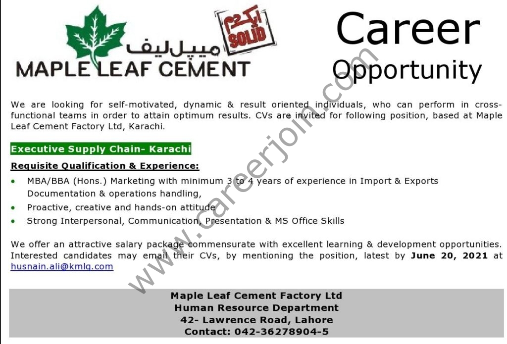 husnain.ali@kmlg.com - Maple Leaf Cement Jobs 2021 in Pakistan