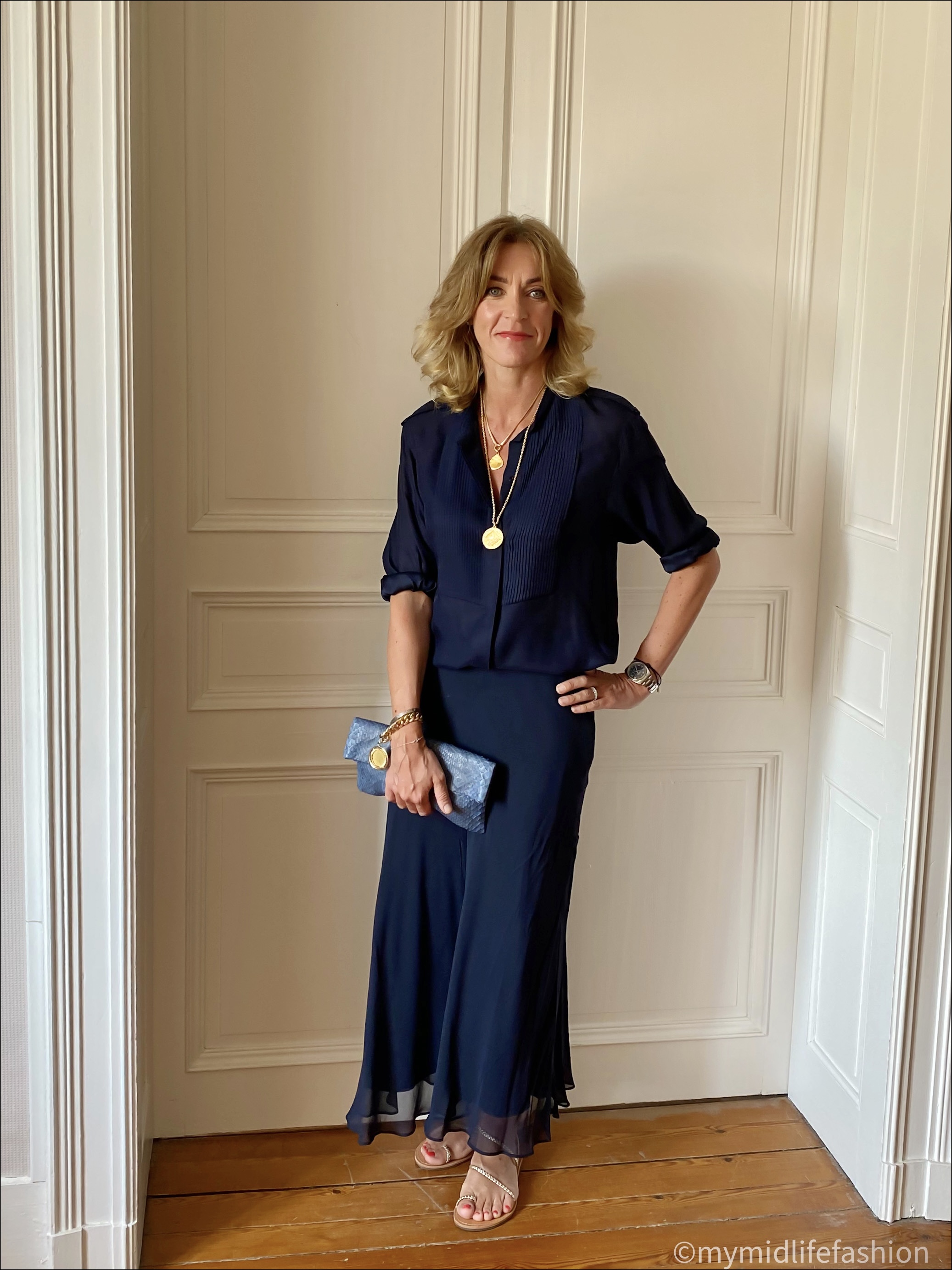 my midlife fashion, Isabel marant silk shirt, Monica Vinader coin pendant, Monica Vinader Ziggy petal pendant, leather clutch, silk maxi skirt, braided metallic flat leather sandals