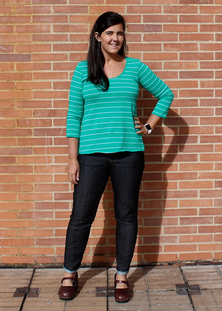 Itinerant Seamstress models skinny black denim Liana Stretch Jeans.