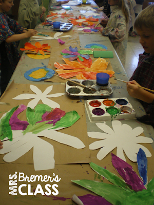 Spring art activity for Kindergarten- making flowers using warm and cool colors.
