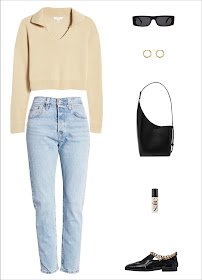 Stylish Transitional Spring Outfit Idea — Neutral Polo Sweater, Sunglasses, Hoop Earrings, Minimalist Black Tote Bag, Levi's 501 Jeans, Chain Anklet Loafers