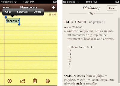 The iPhone 4S built-in Dictionary app used to define a word that is typed in the Notes app.