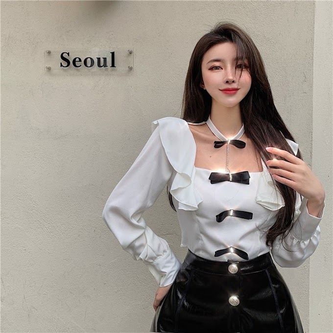 Korean hollow neckline ruffled chiffon top shirt + leather skirt (purchased separately)