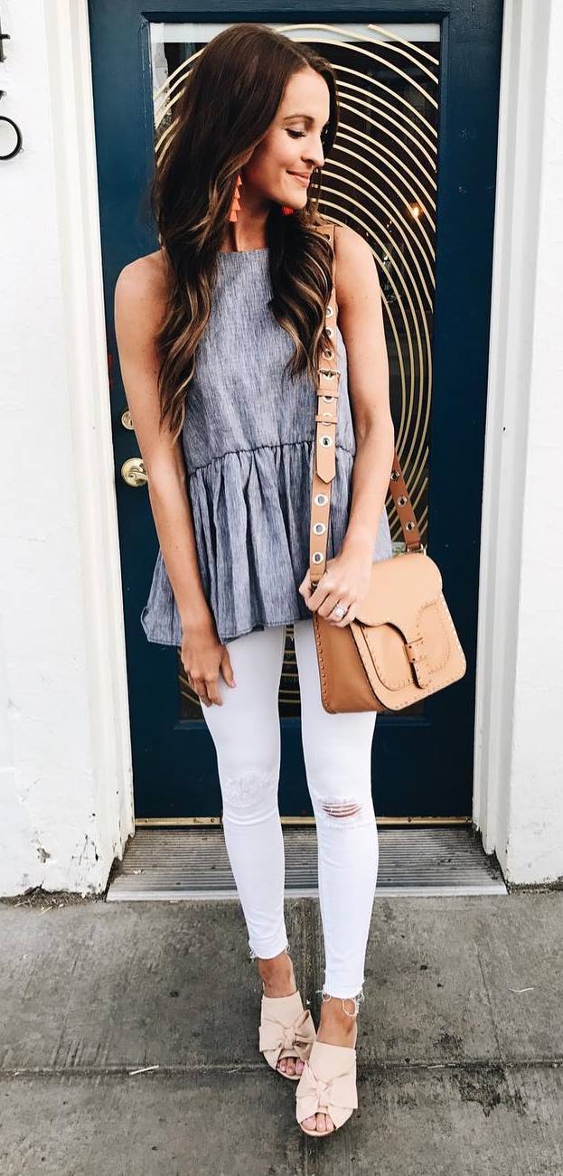 summer casual style outfit: top + bag + rips