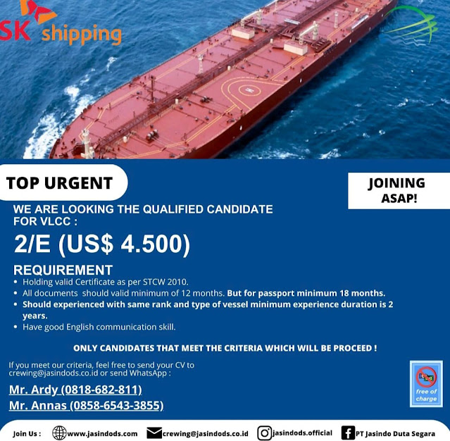 Loker 2nd Engineer, AB, Oiler, Koki VLCC dan Chemical Tanker 2023