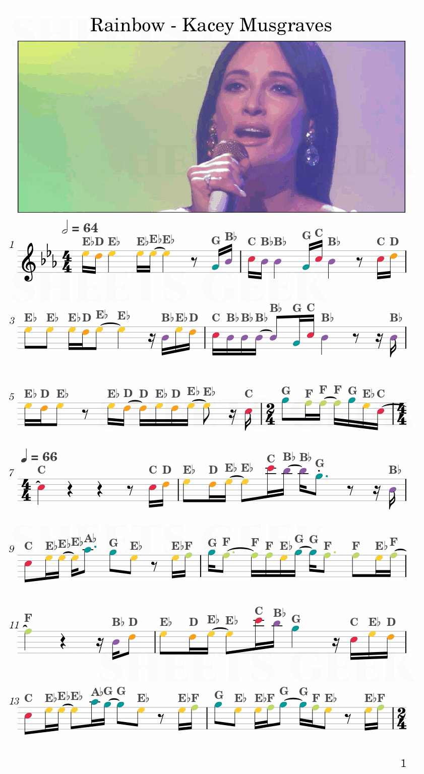 Rainbow - Kacey Musgraves Easy Sheet Music Free for piano, keyboard, flute, violin, sax, cello page 1