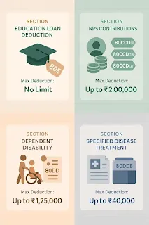 Summary of Education, Pension & Disability Deductions – Sections 80E, 80CCD, 80DD, 80DDB Four‑card pastel grid infographic showing sections 80E, 80CCD, 80DD, and 80DDB with icons and maximum deduction amounts (No Limit, up to ₹2,00,000, up to ₹1,25,000, up to ₹40,000).