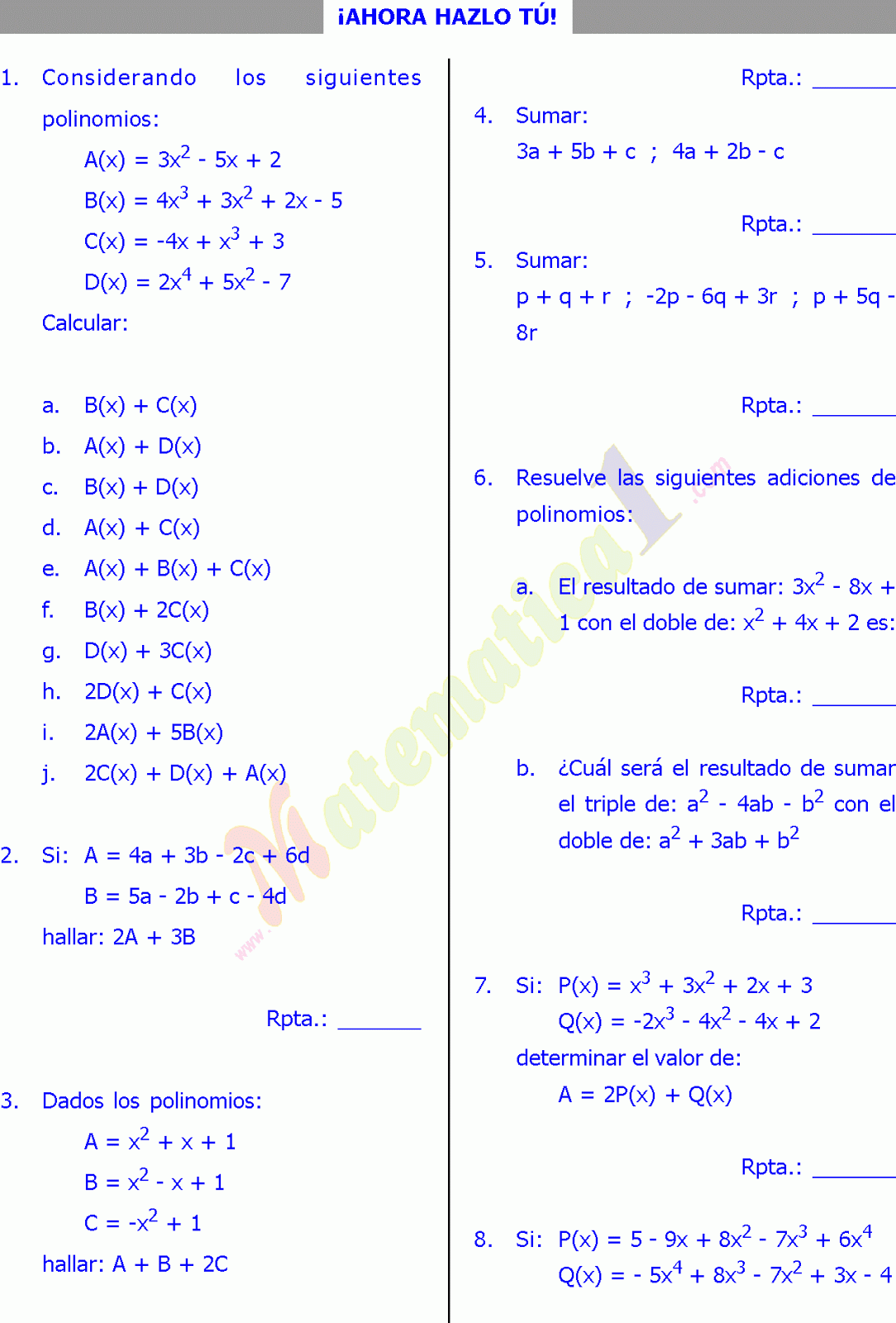 Ejemplos Y Ejercicios De Algebra Y Matematicas De Sexto Grado De Primaria O Basico