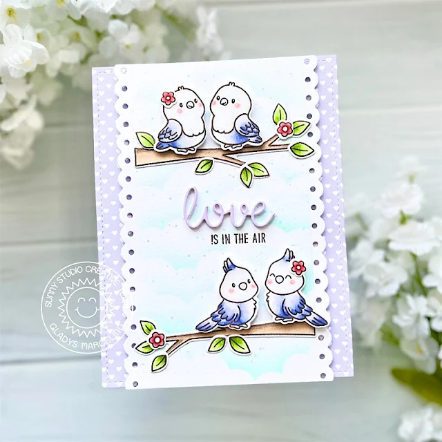 Sunny Studio Stamps: Love Birds Card by Gladys Marcelino (featuring Slimline Dies)