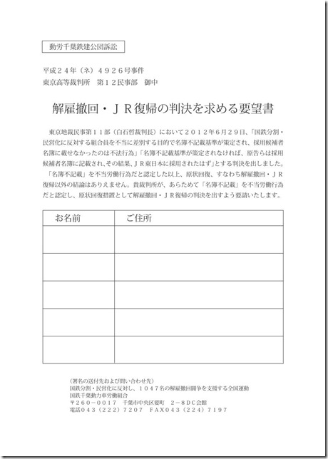 鉄建公団訴訟要望書（連記）