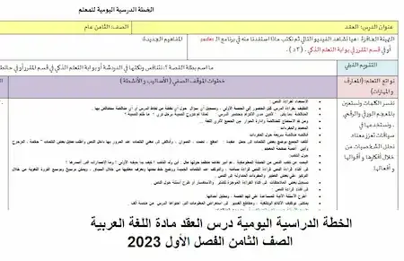 الخطة الدراسية اليومية درس العقد مادة اللغة العربية الصف الثامن الفصل الأول 2023