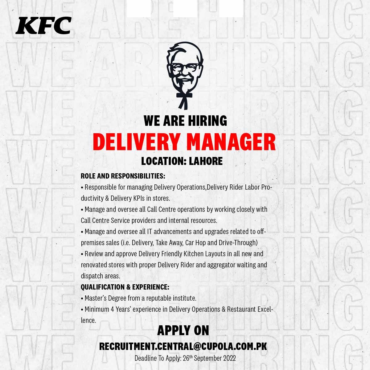 KFC Pakistan Jobs For Delivery Manager