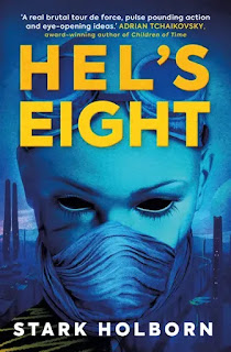Book "Hel's Eight" by Stark Holborn. A woman's face. She is wearing a facemark over mouth and nose, and has a pair of goggles pushed on her forehead. Behind her, distant towers and sky. the image is all done in shades of blue, black and grey.
